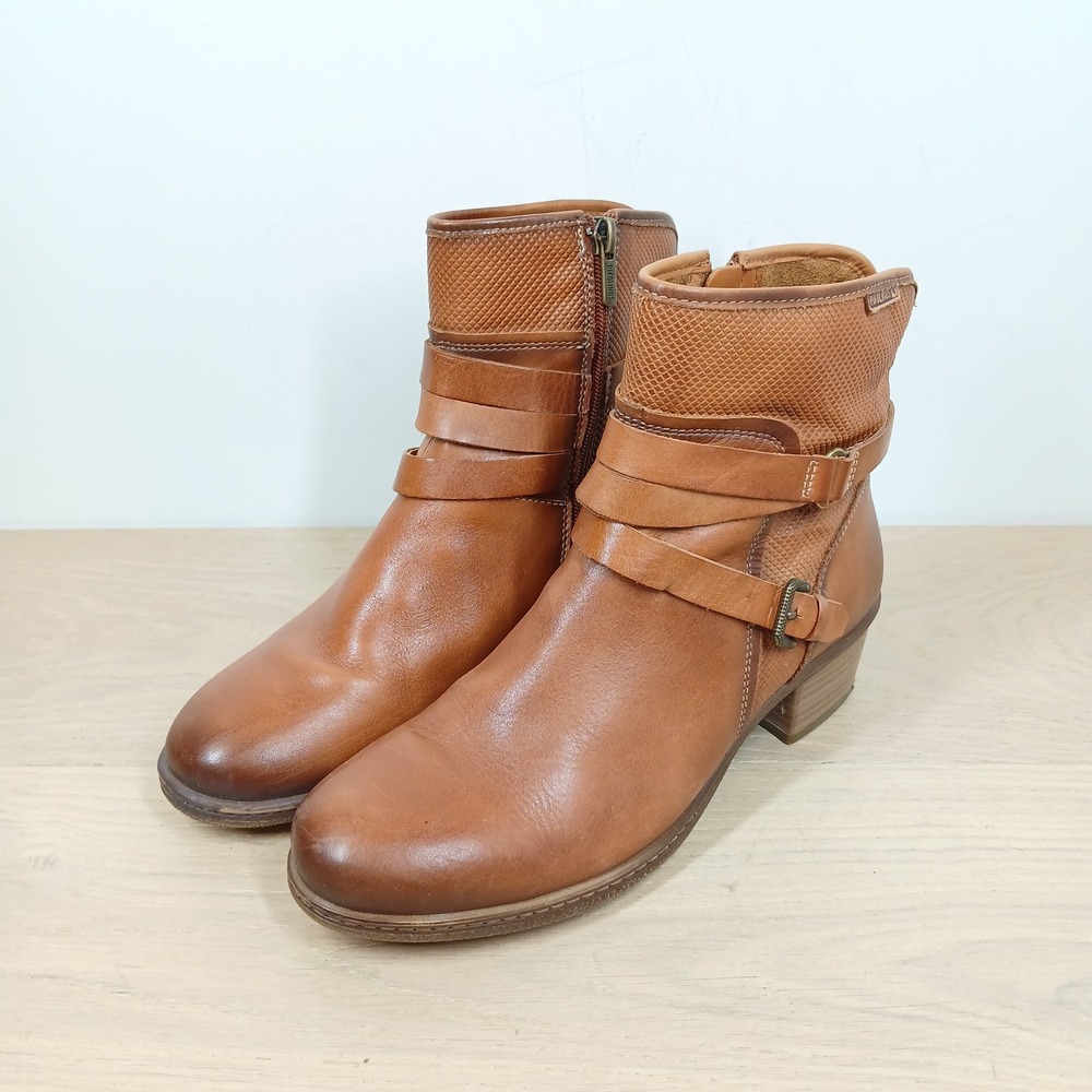 Pikolinos Boots Womens 8 Brown Leather Harness Buckle Block Heel Bootie